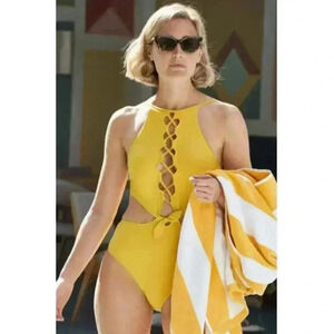 EPHEMERA Mustard Woven One Piece Swimsuit In Yellow NEW NWT!